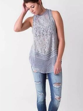 Free People S/PLight Blue Gray Modern Dot Lace High Neck Fashion Tunic Top Small